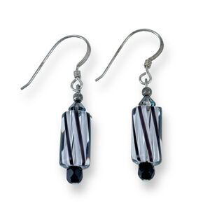 Black Striped Cane Glass Dangle Earrings | Vintage Artisan Sterling Silver 925